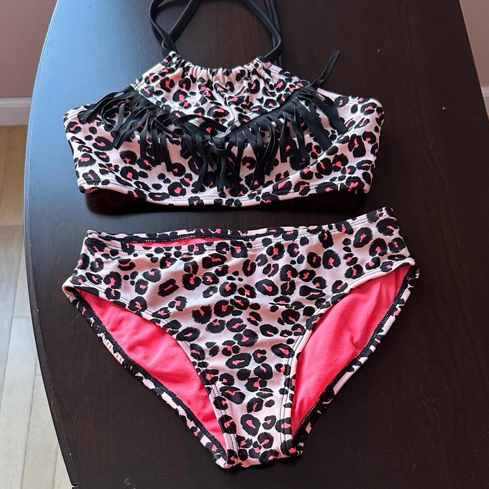 Art Class Leopard Print Bikini with Black Fringe